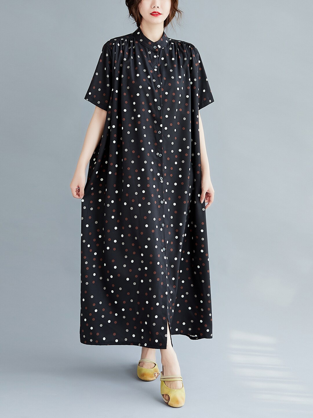 

JC Mode Polka Dots Printed Band Collar Maxi Dress, Black