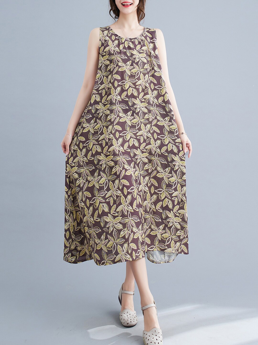 

JC Mode Floral Printed A-line Midi Dress, Coffee brown