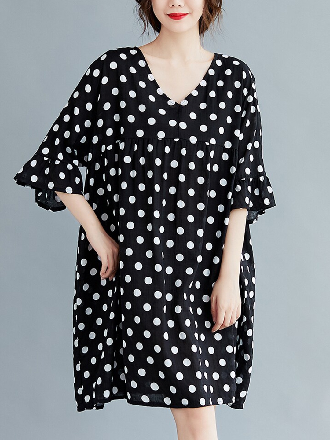

JC Mode Polka Dots Printed Bell Sleeves A-Line Dress, Black