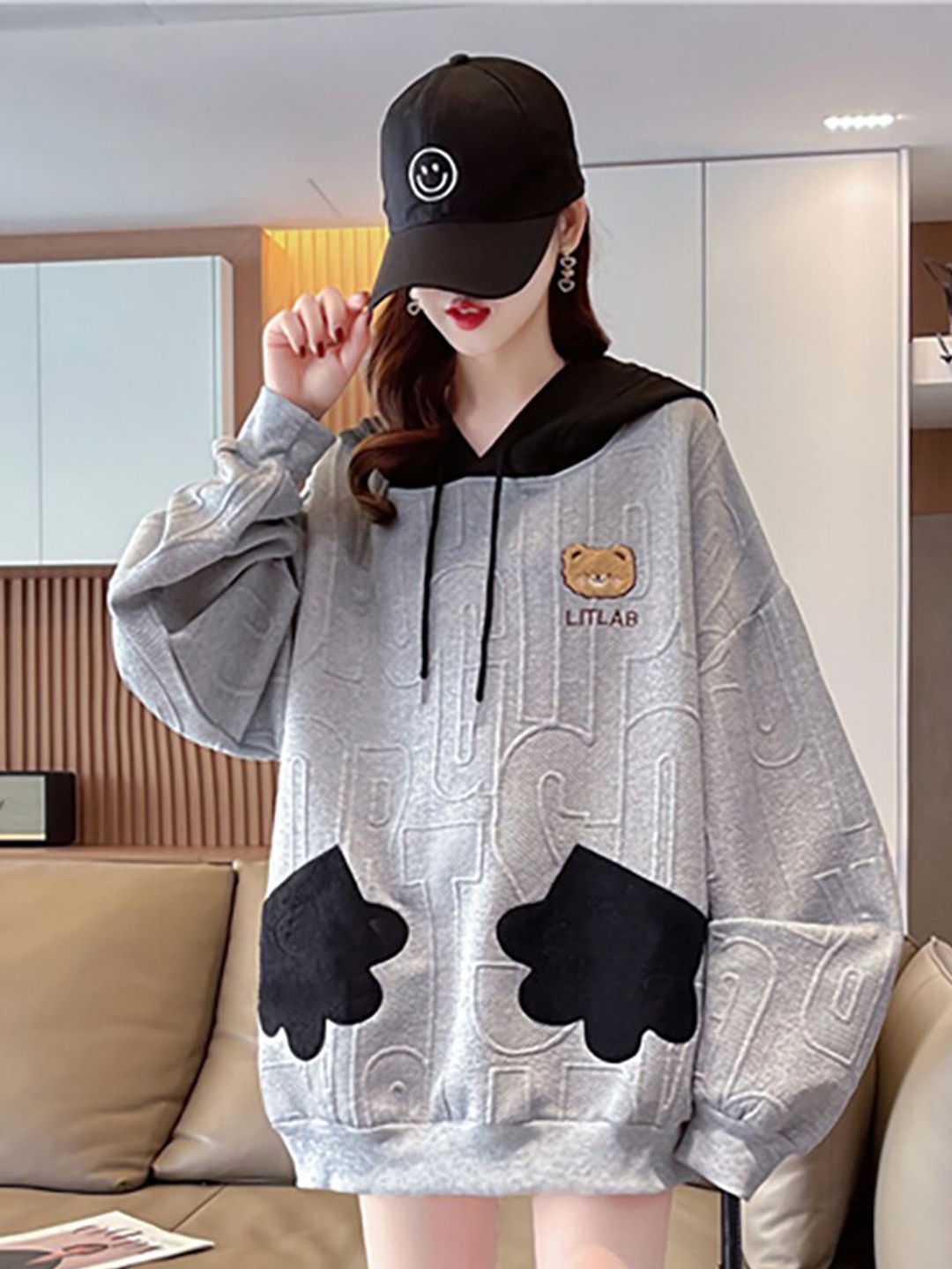 

JC Mode Self Design Hooded Longline Pullover Sweatshirt, Grey