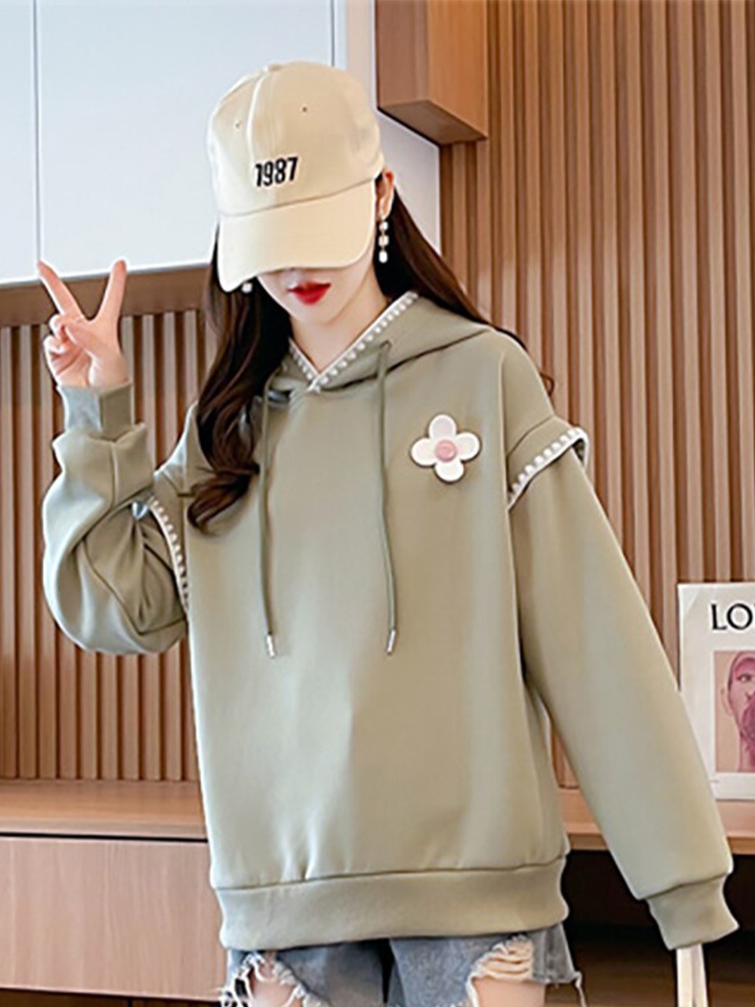 

JC Mode Hooded Cotton Longline Sweatshirt, Green