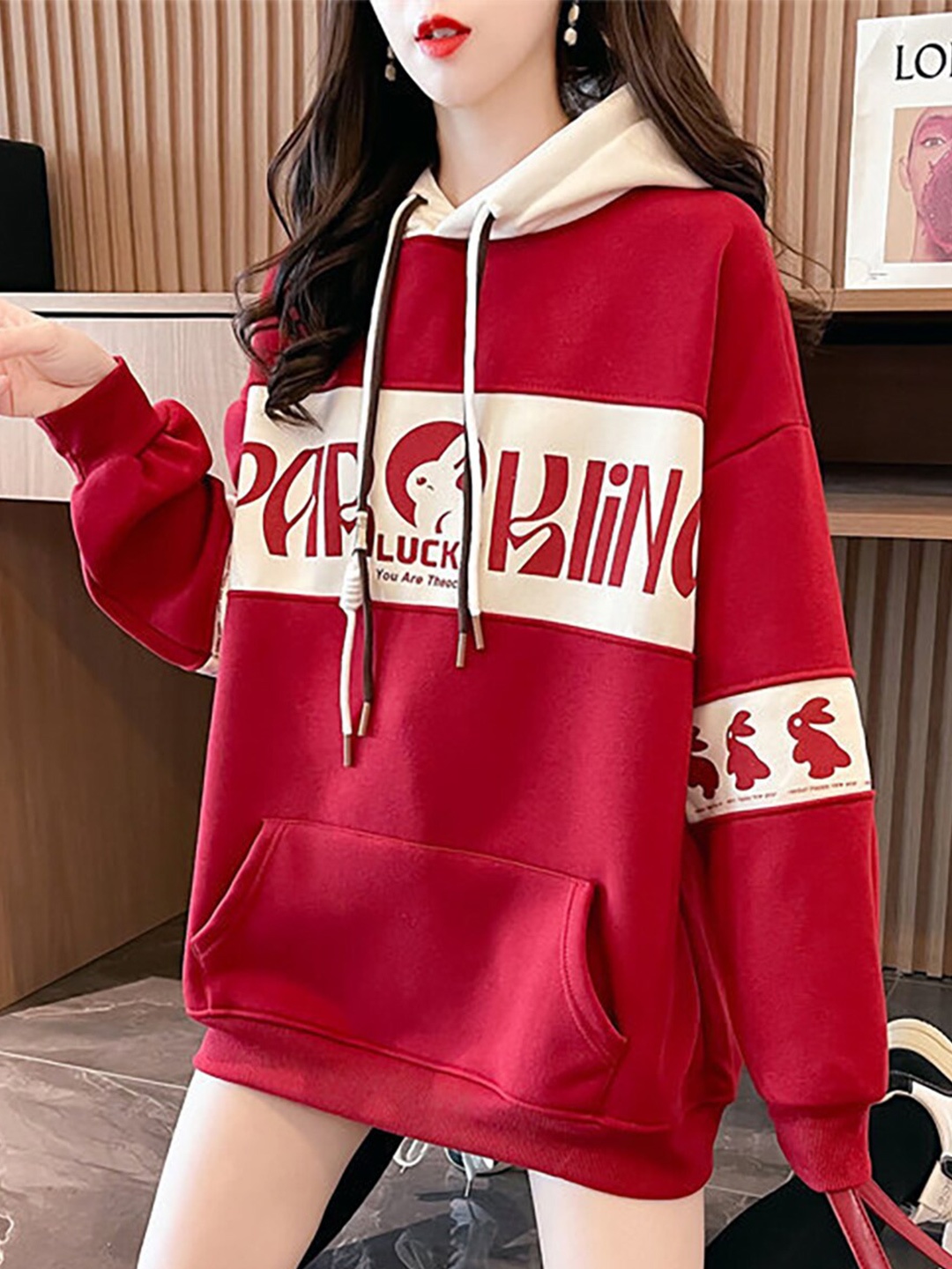 

JC Mode Typography Printed Hooded Longline Pullover Sweatshirt, Red