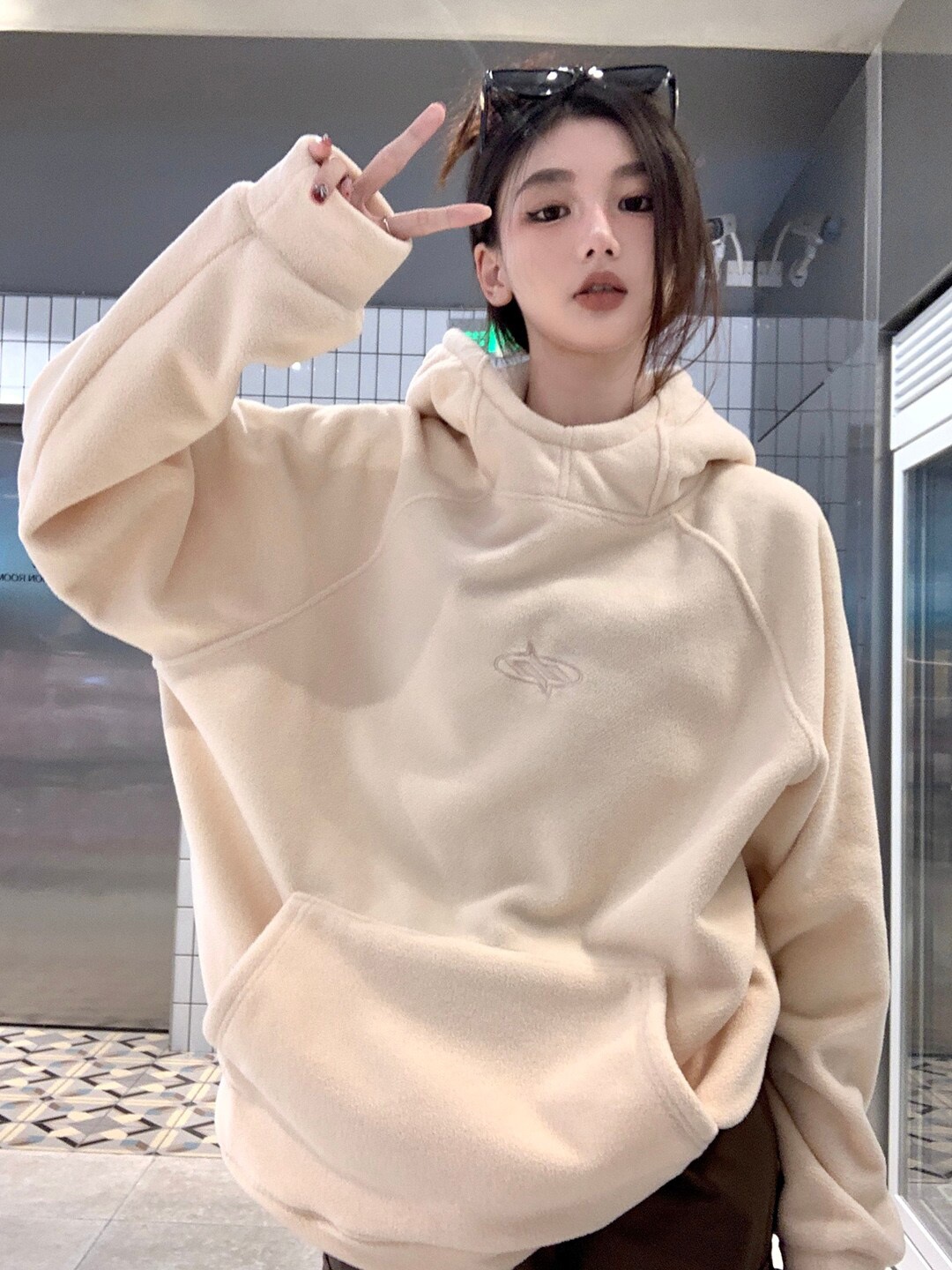 

JC Mode Hooded Longline Pullover Sweatshirt, Beige