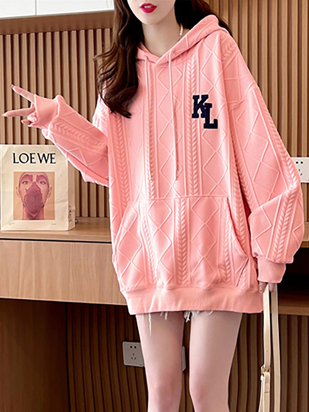 

JC Mode Self Design Hooded Cotton Longline Sweatshirt, Pink