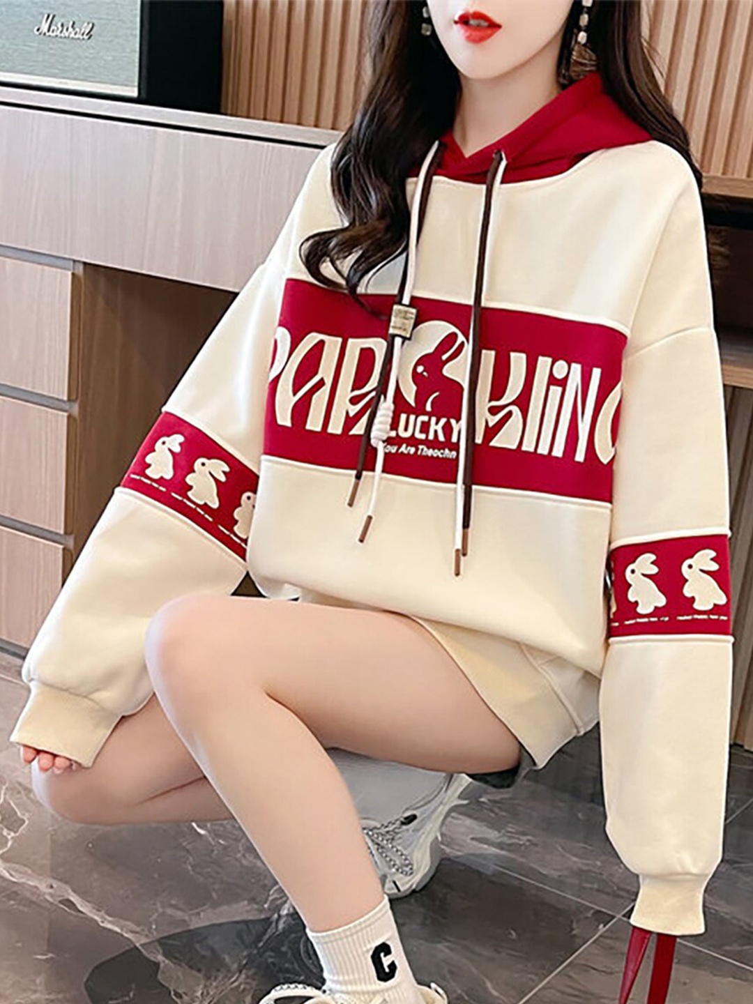 

JC Mode Graphic Printed Hooded Cotton Pullover, Beige