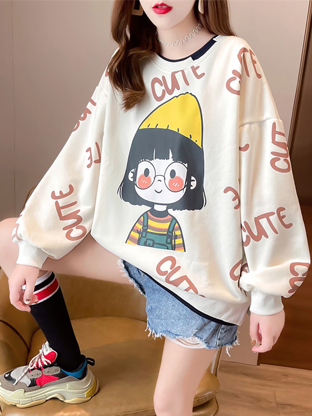 

JC Mode Typography Printed Drop Shoulder Sleeves Oversized Cotton Sweatshirt, White