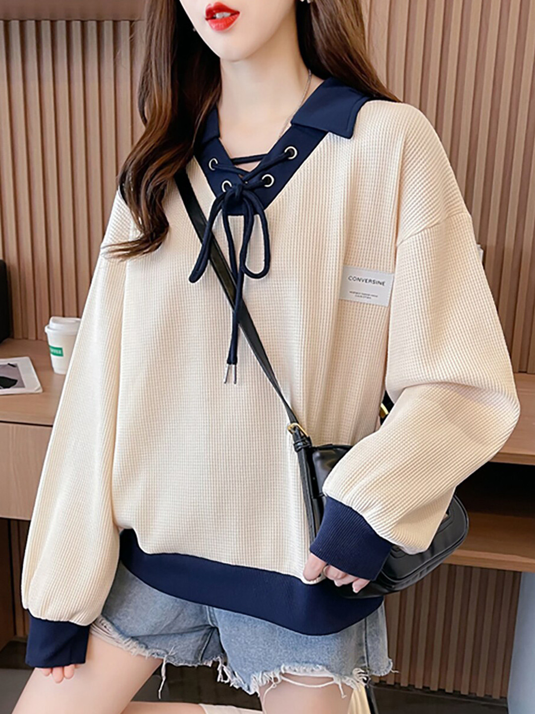 

JC Mode Self Design Shirt Collar Sweatshirt, Beige