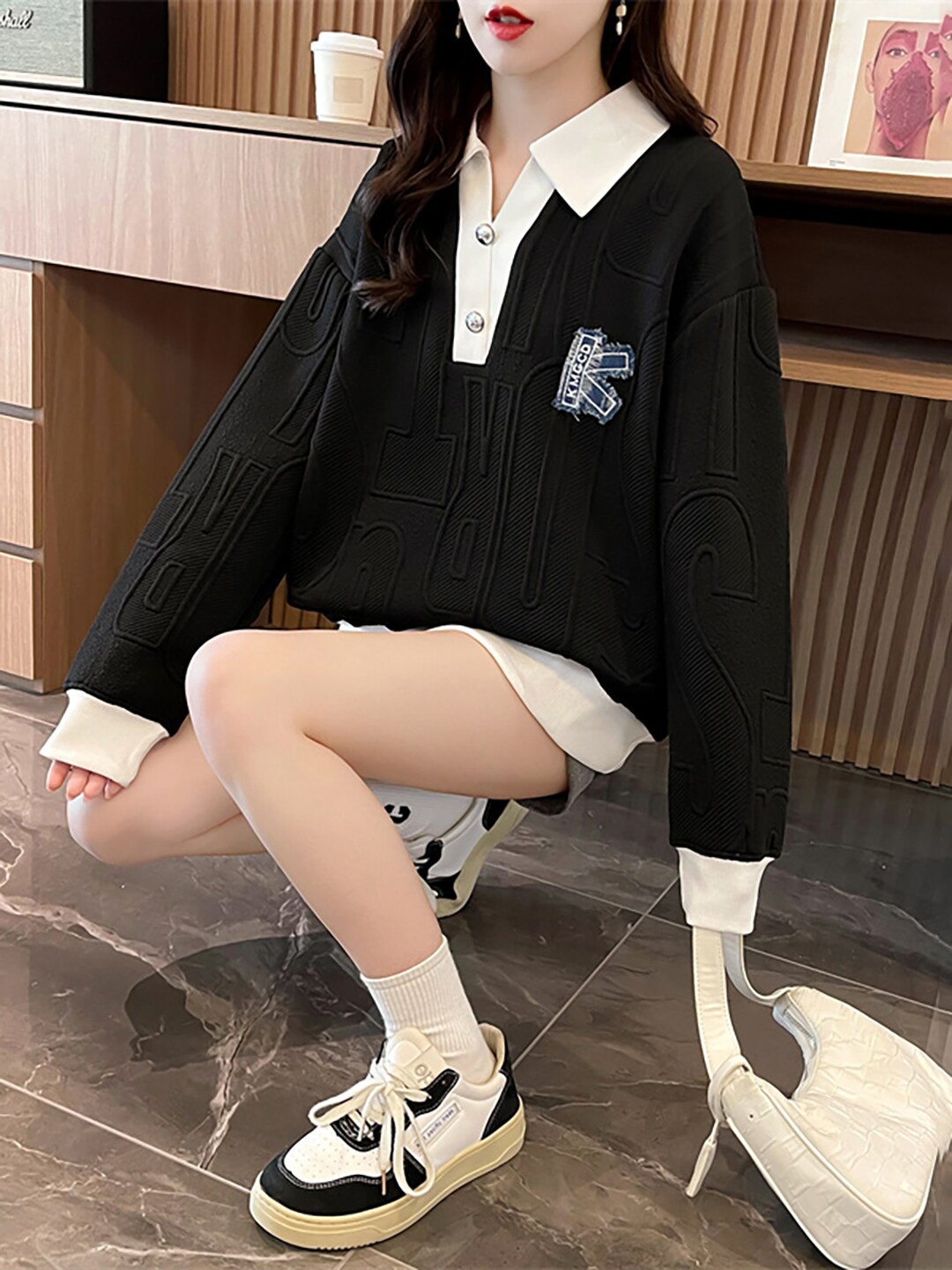 

JC Mode Typography Embroidered Shirt Collar Sweatshirt, Black