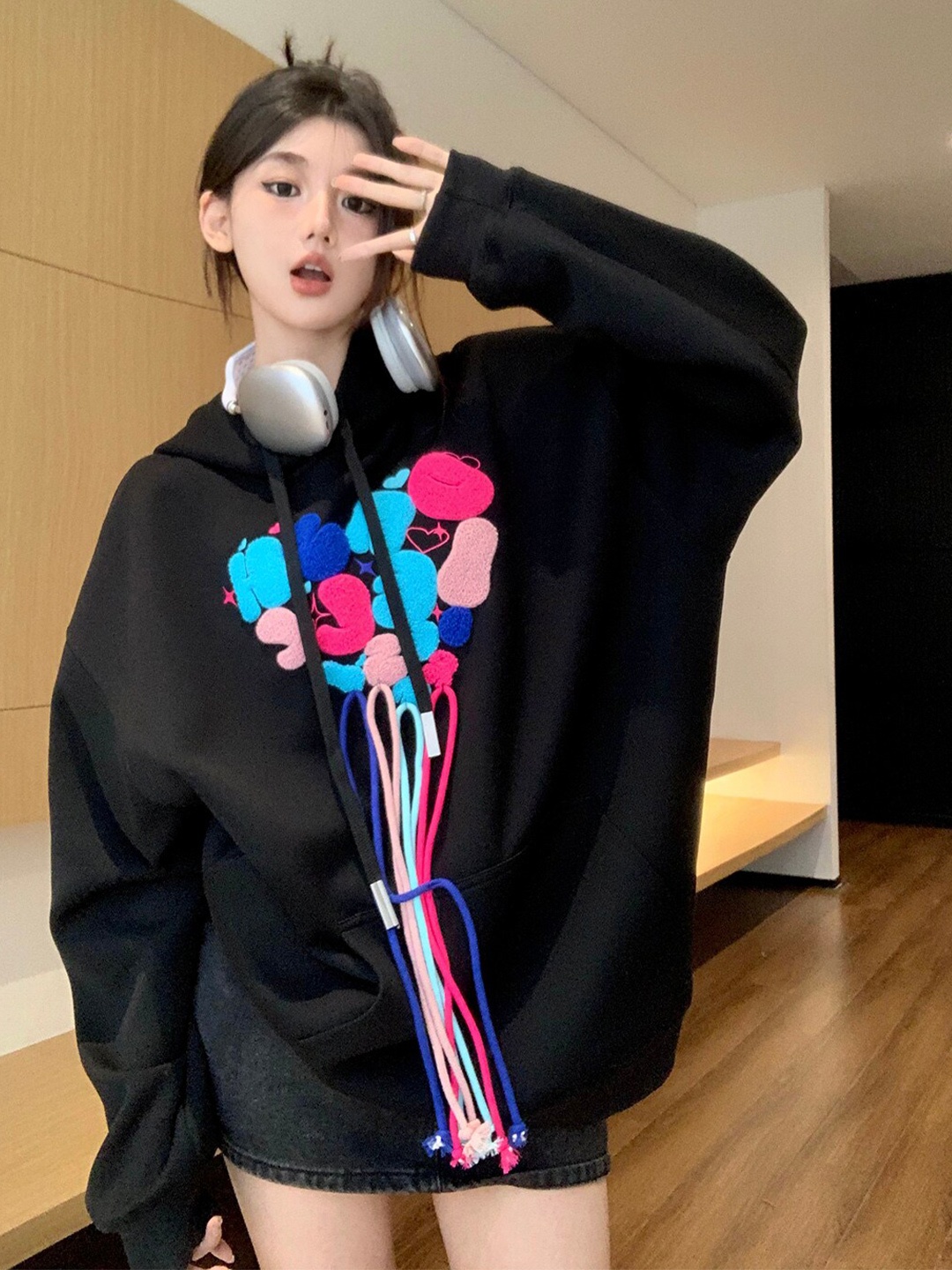 

JC Mode Graphic Embroidered Hooded Oversized Pullover Sweatshirt, Black