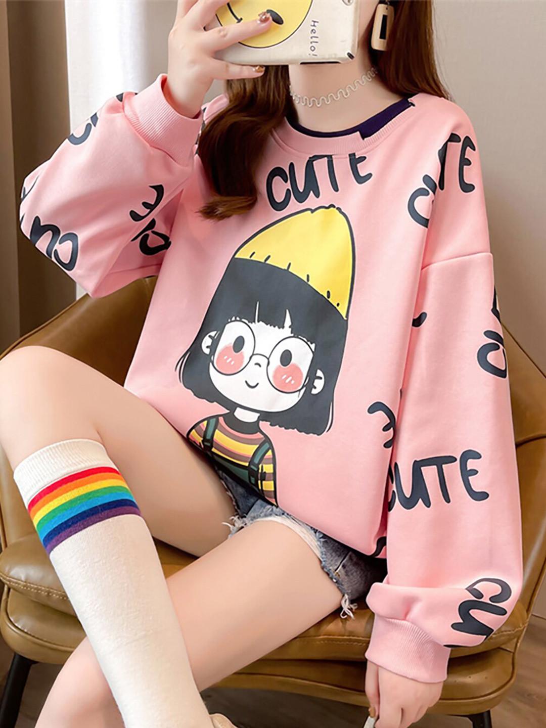 

JC Mode Typography Printed Cotton Longline Sweatshirt, Pink