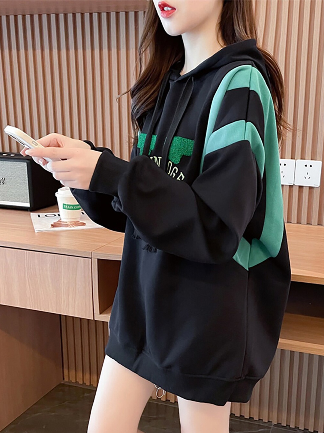 

JC Mode Typography Printed Hooded Drop Shoulder Sleeves Cotton Longline Sweatshirt, Black
