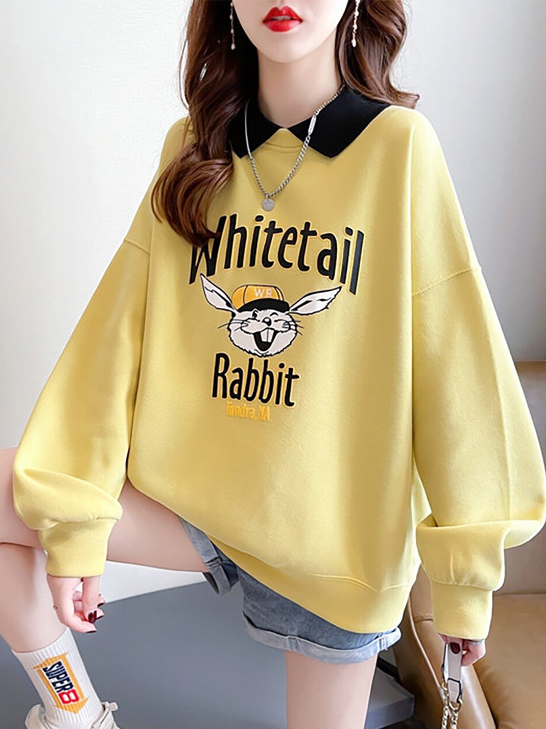 

JC Mode Typography Printed Shirt Collar Pullover Sweatshirt, Yellow