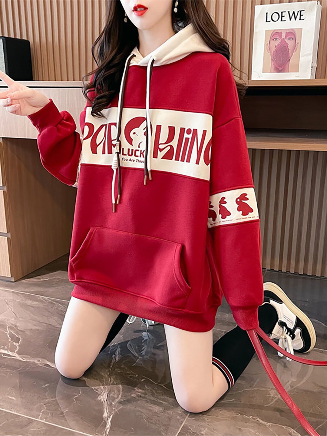 

JC Mode Printed Hooded Cotton Pullover Sweatshirt, Red