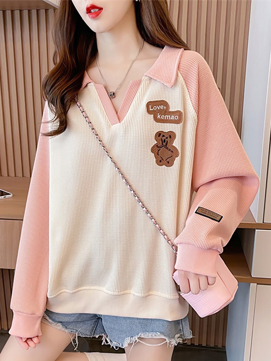 

JC Mode Colourblocked Shirt Collar Pullover Sweatshirt, Pink