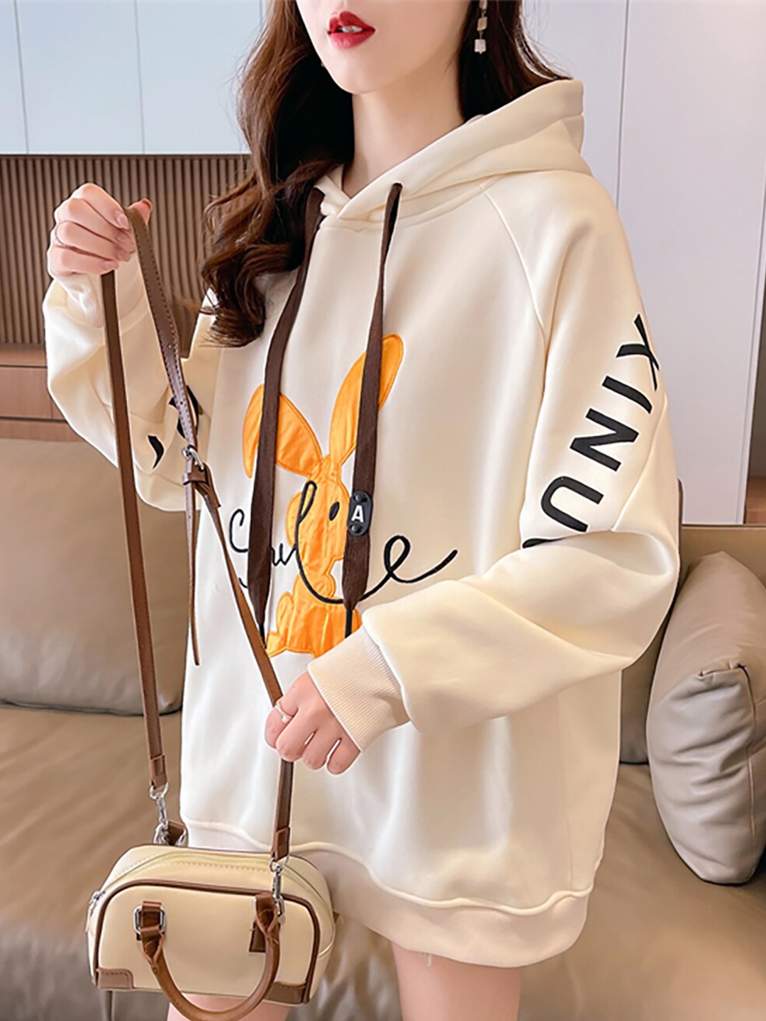 

JC Mode Graphic Printed Hooded Cotton Pullover, Beige