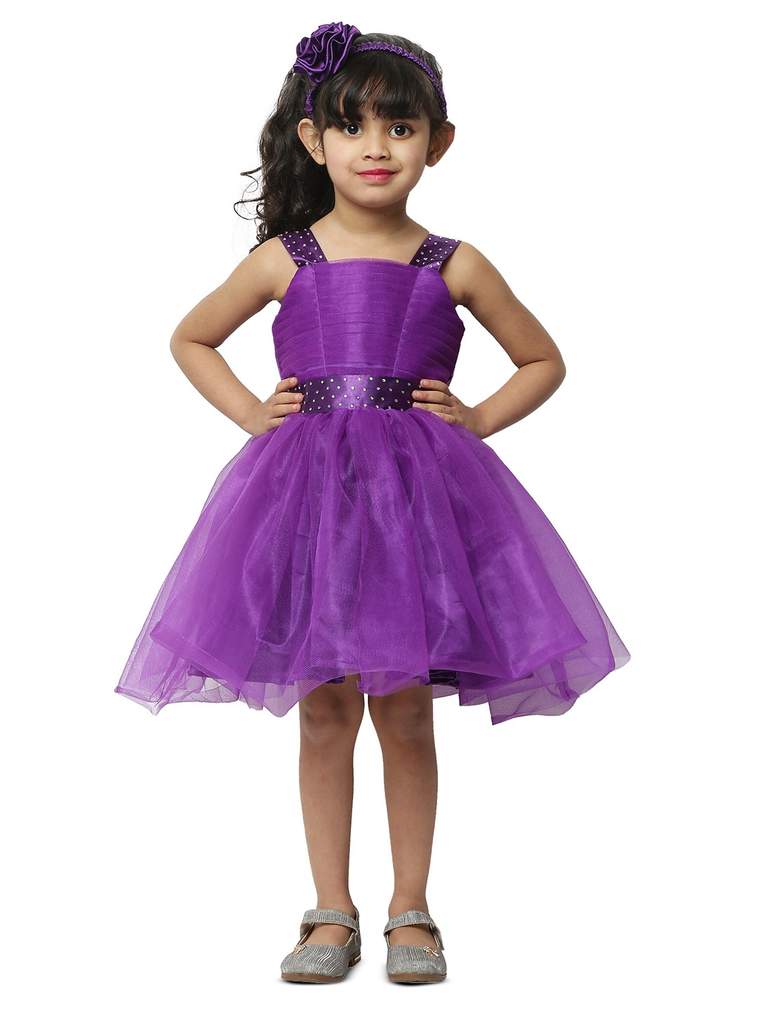 

BAESD Girls Self Design Sleeveless Tie Up Net Fit & Flare Dress, Purple