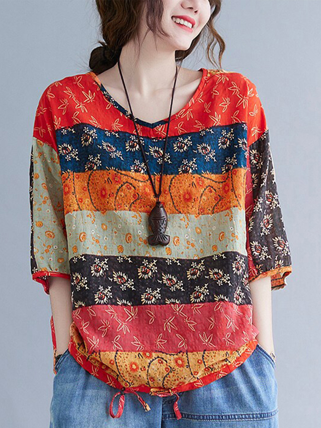 

JC Mode Ethnic Motifs Printed Oversized Top, Orange