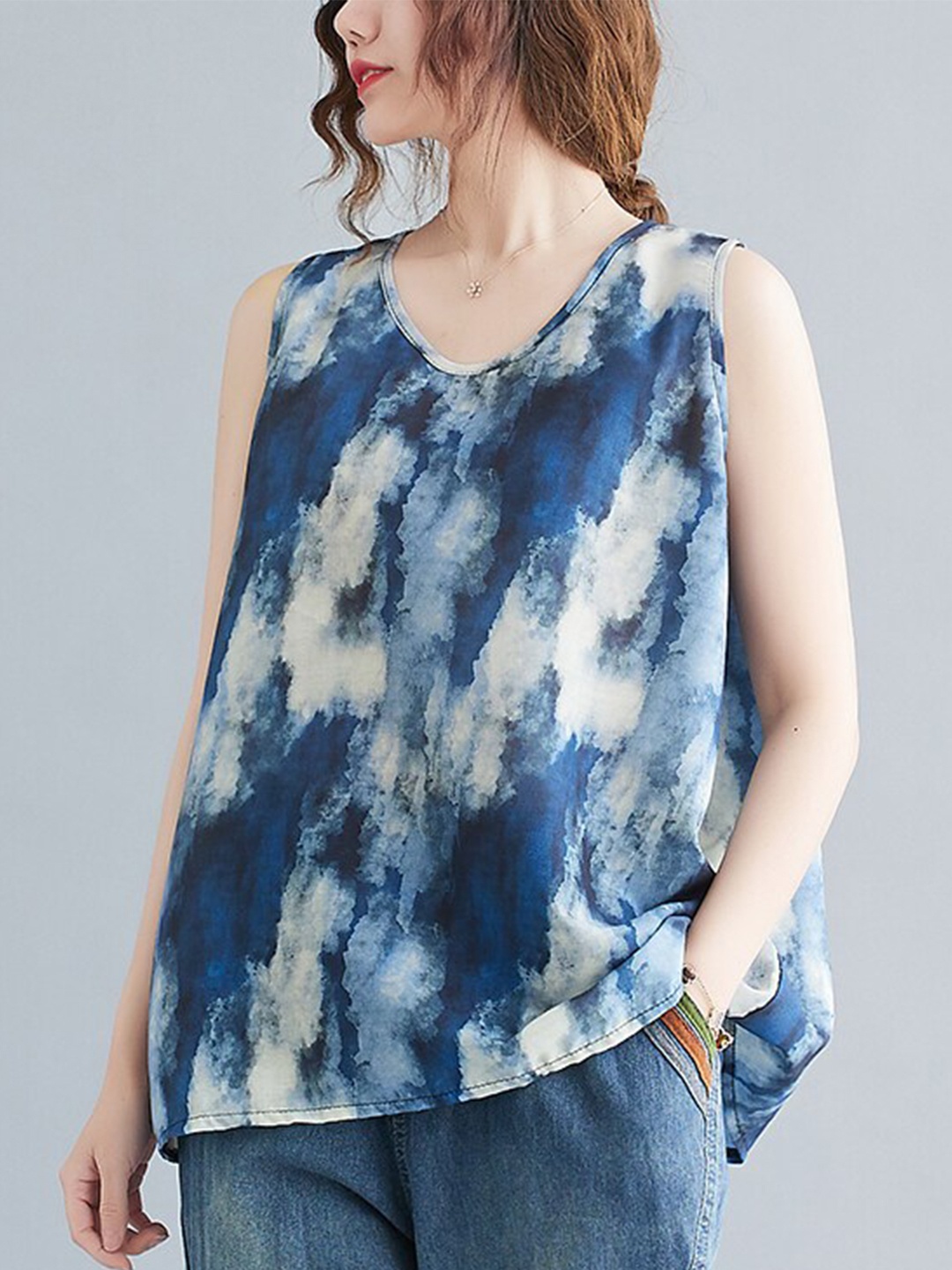 

JC Mode Abstract Printed Gathered A-Line Top, Blue