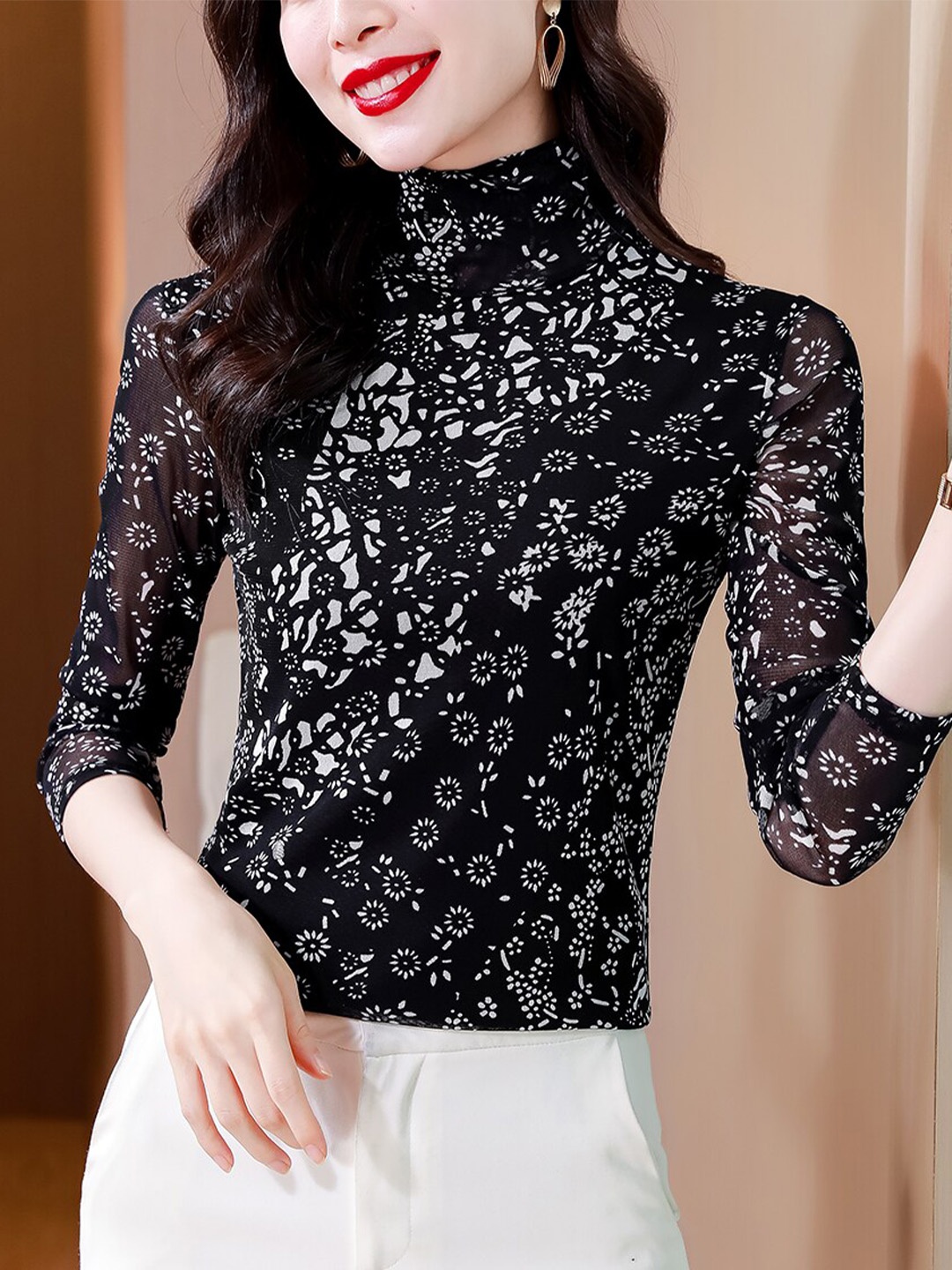 

JC Mode Floral Printed High Neck Fitted Top, Black