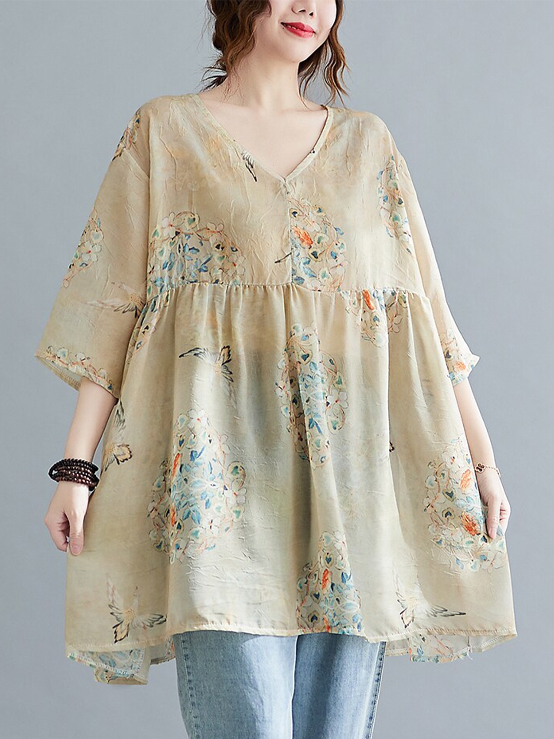 

JC Mode Floral Printed V-Neck Gathered Detailed A-Line Longline Top, Beige