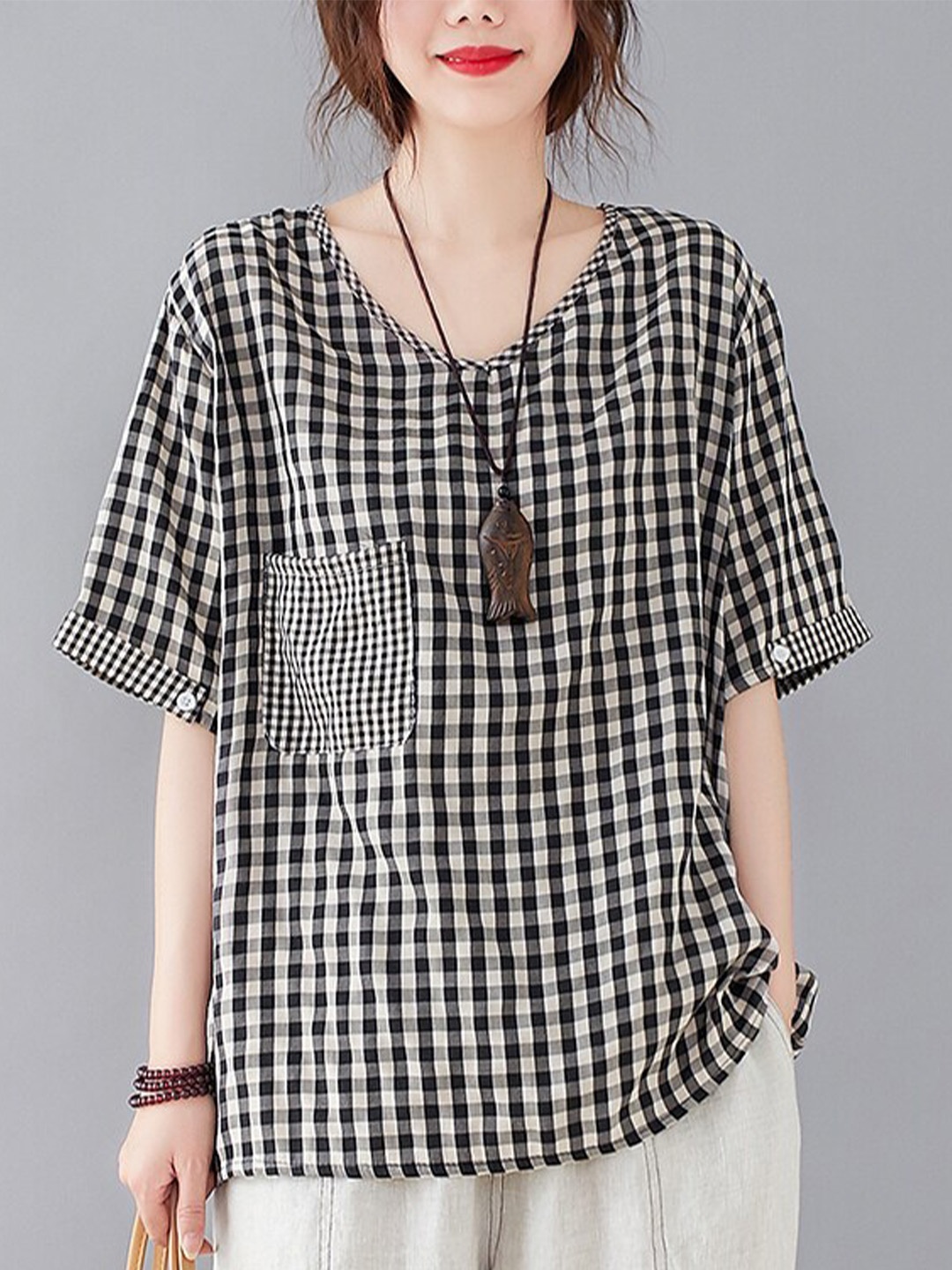 

JC Mode Gingham Checked Longline Top, Black