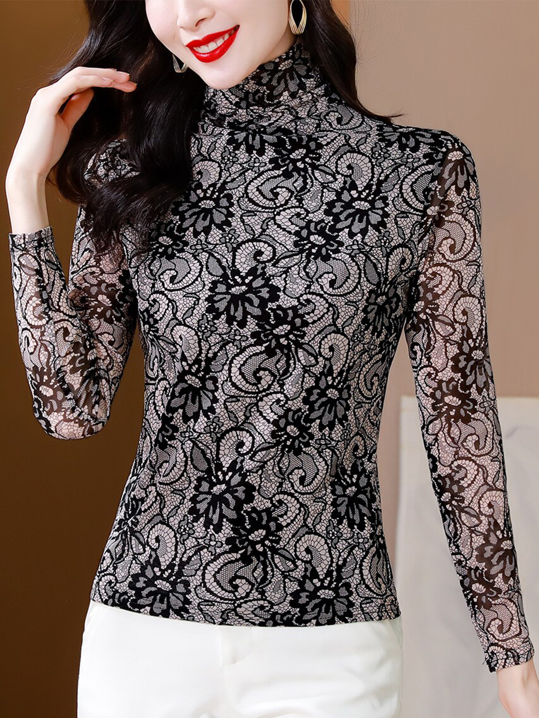 

JC Mode Floral Self Design High Neck Lace Top, Black