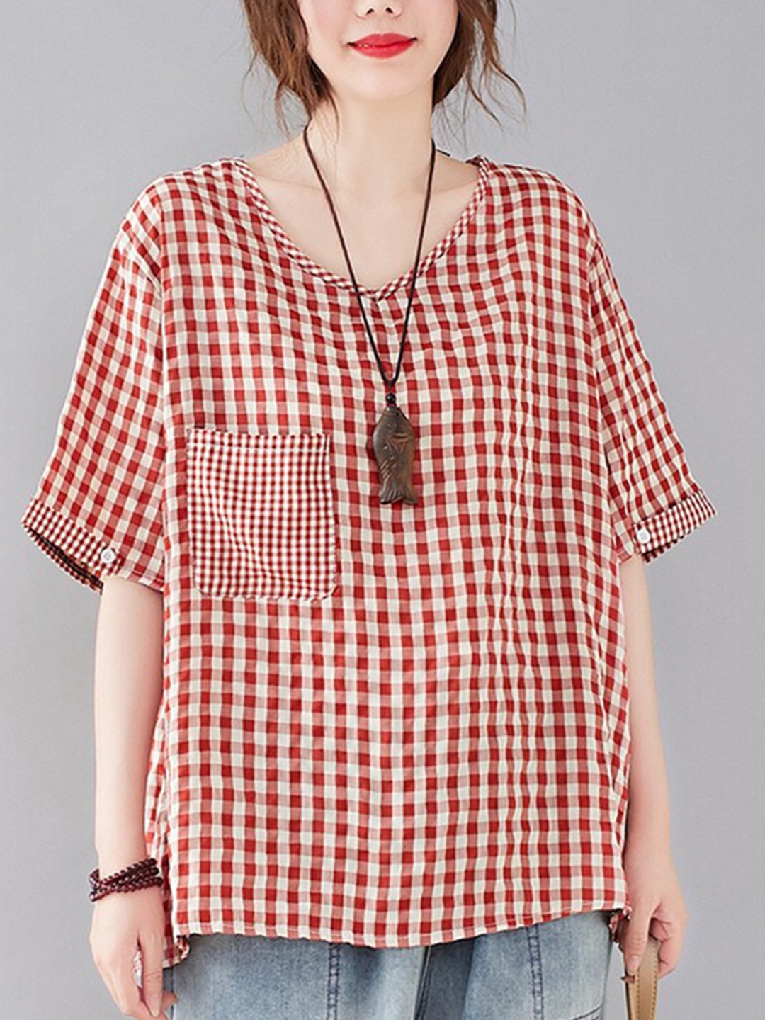 

JC Mode Checked Extended Sleeves Boxy Top, Red