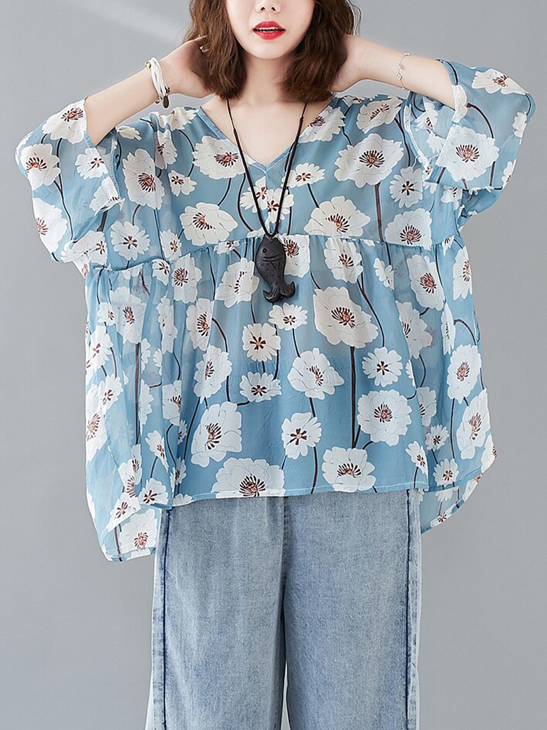 

JC Mode Floral Printed Longline Regular Top, Blue