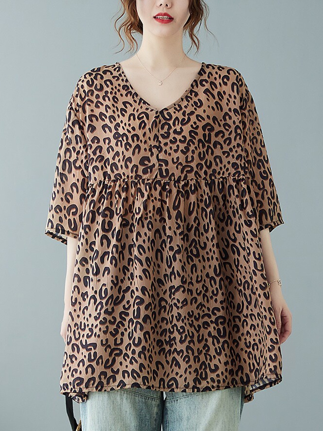 

JC Mode Abstract Printed Longline A-Line Top, Brown