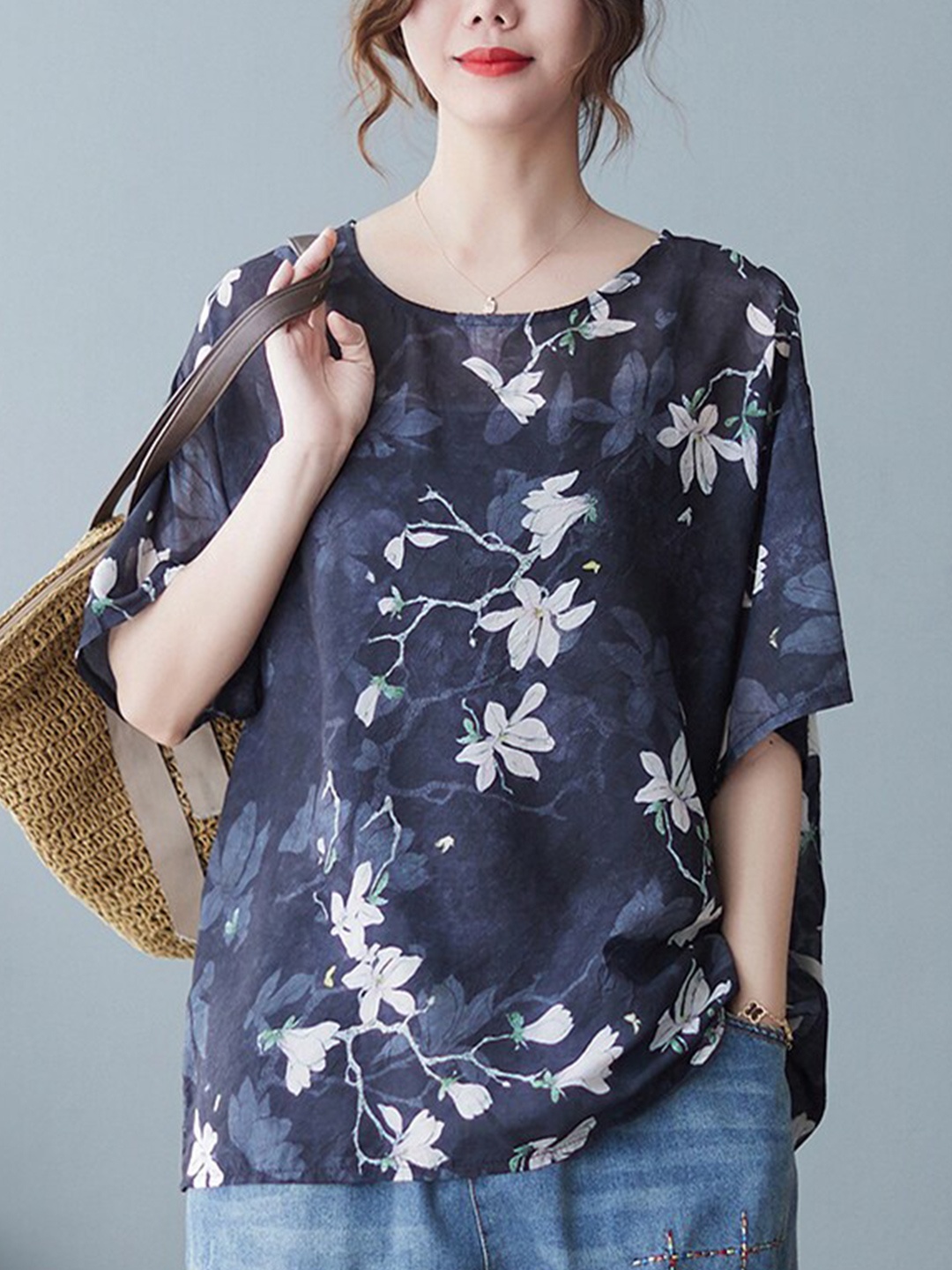 

JC Mode Floral Printed Drop-Shoulder Sleeves Top, Navy blue