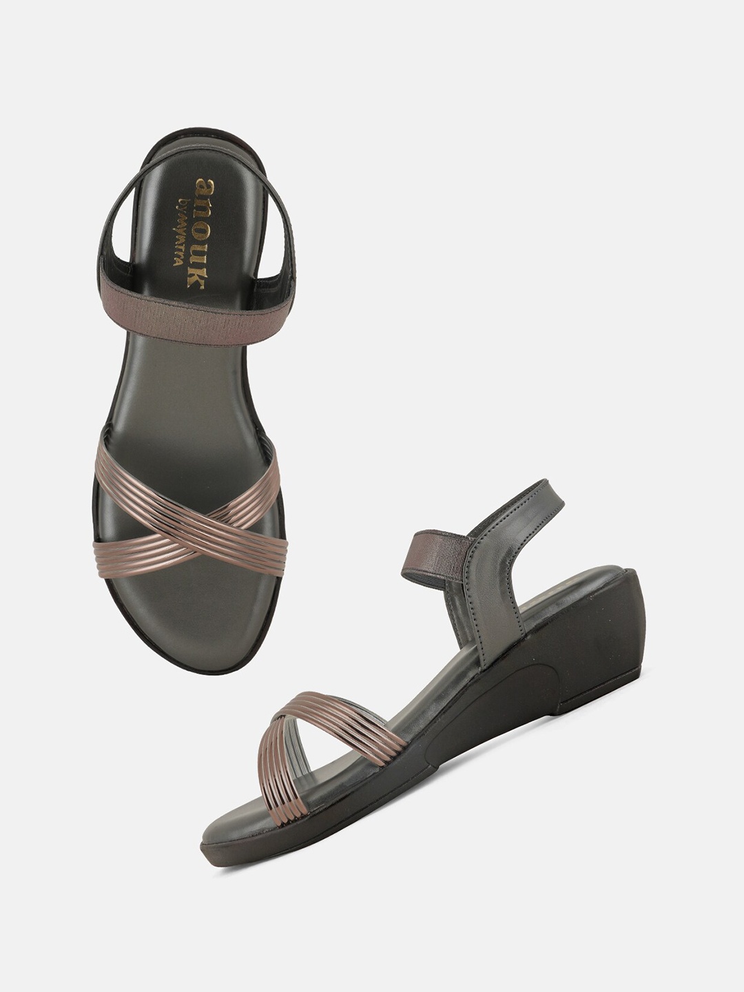 

Anouk Copper Coloured Textured Cross Strap Open Toe Wedges With Backstrap