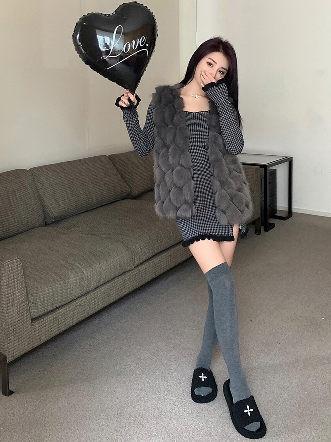 

JC Mode Self Design Faux Fur Trim Longline Open Front Jacket, Grey