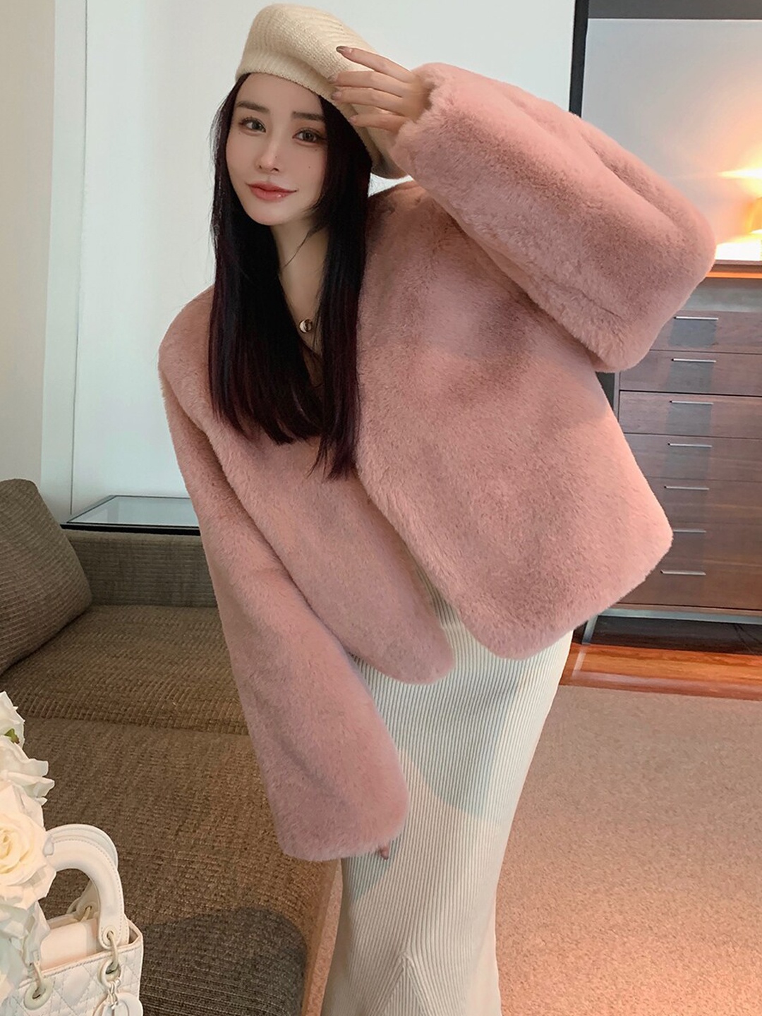 

JC Mode Self Design Front Open Sweater, Pink