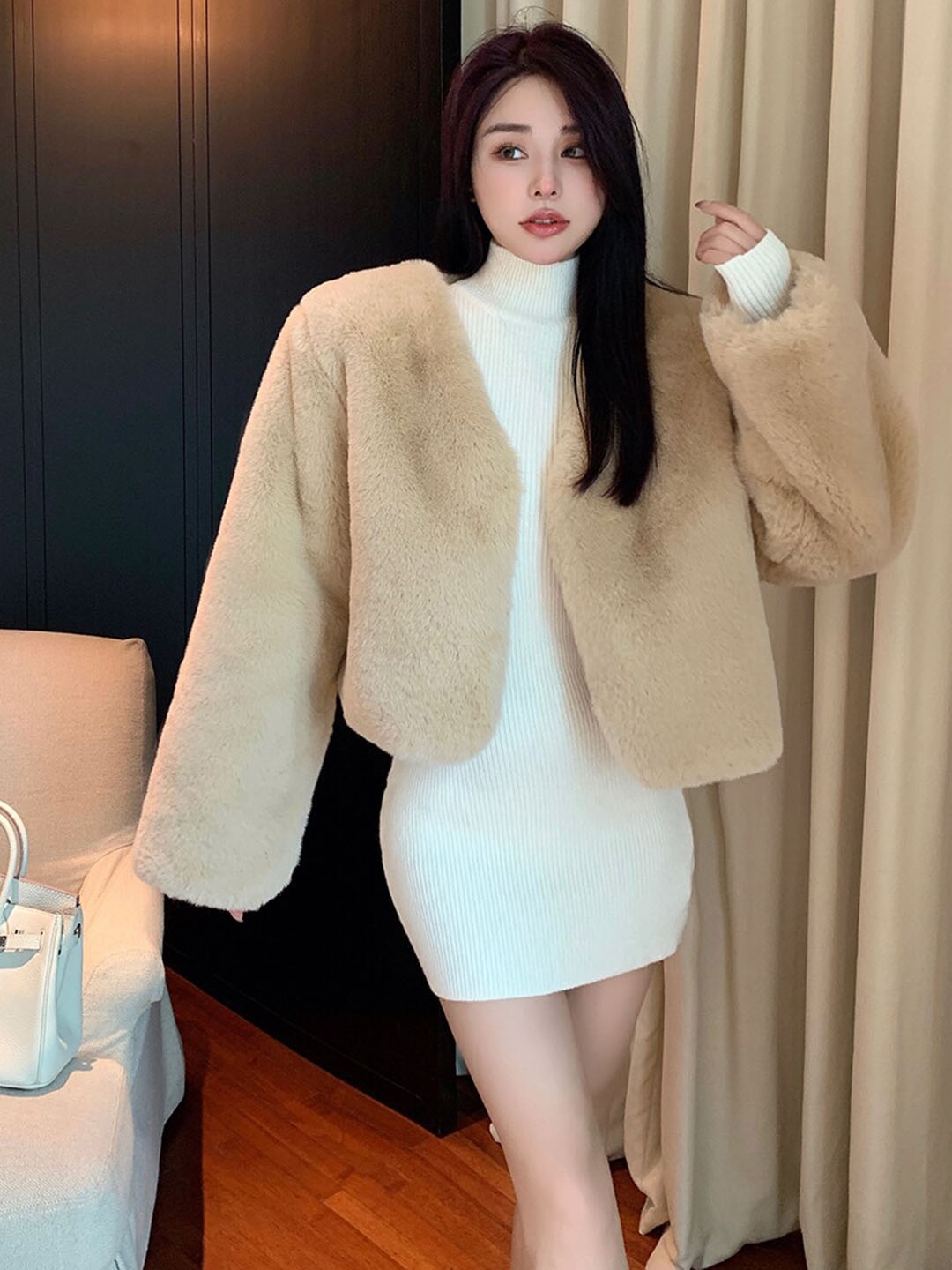 

JC Mode Knitted Front Open Sweater, Beige