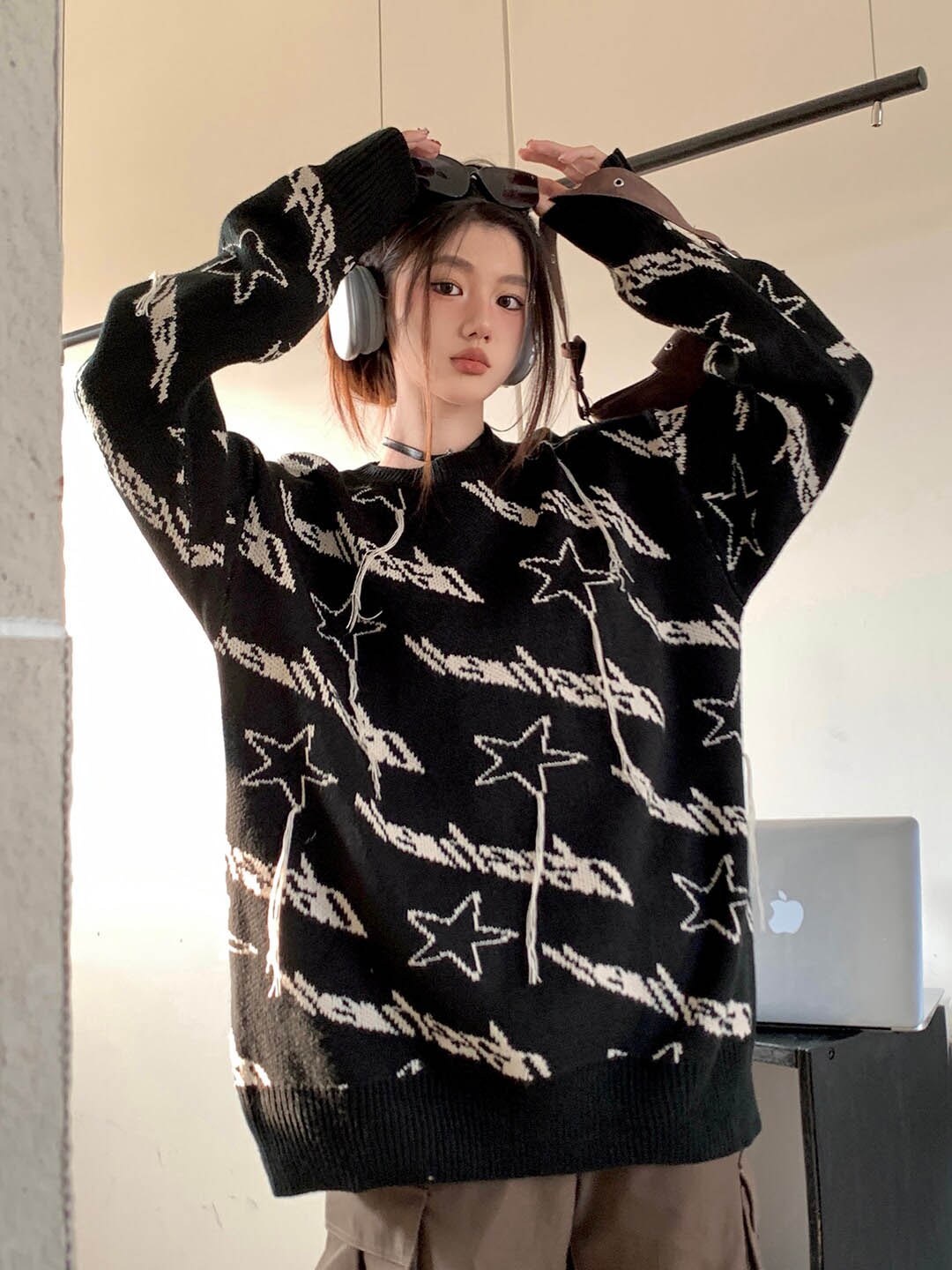 

JC Mode Self Design Long Sleeves Pullover, Black
