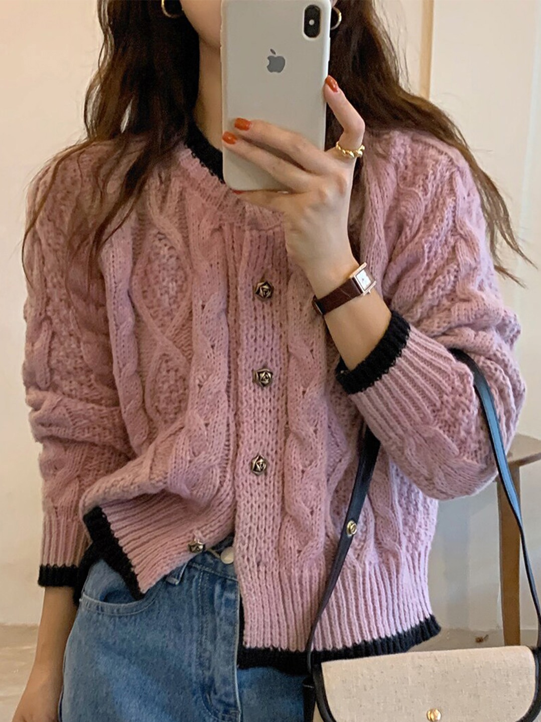 

JC Mode Cable Knit Crop Cardigan, Purple