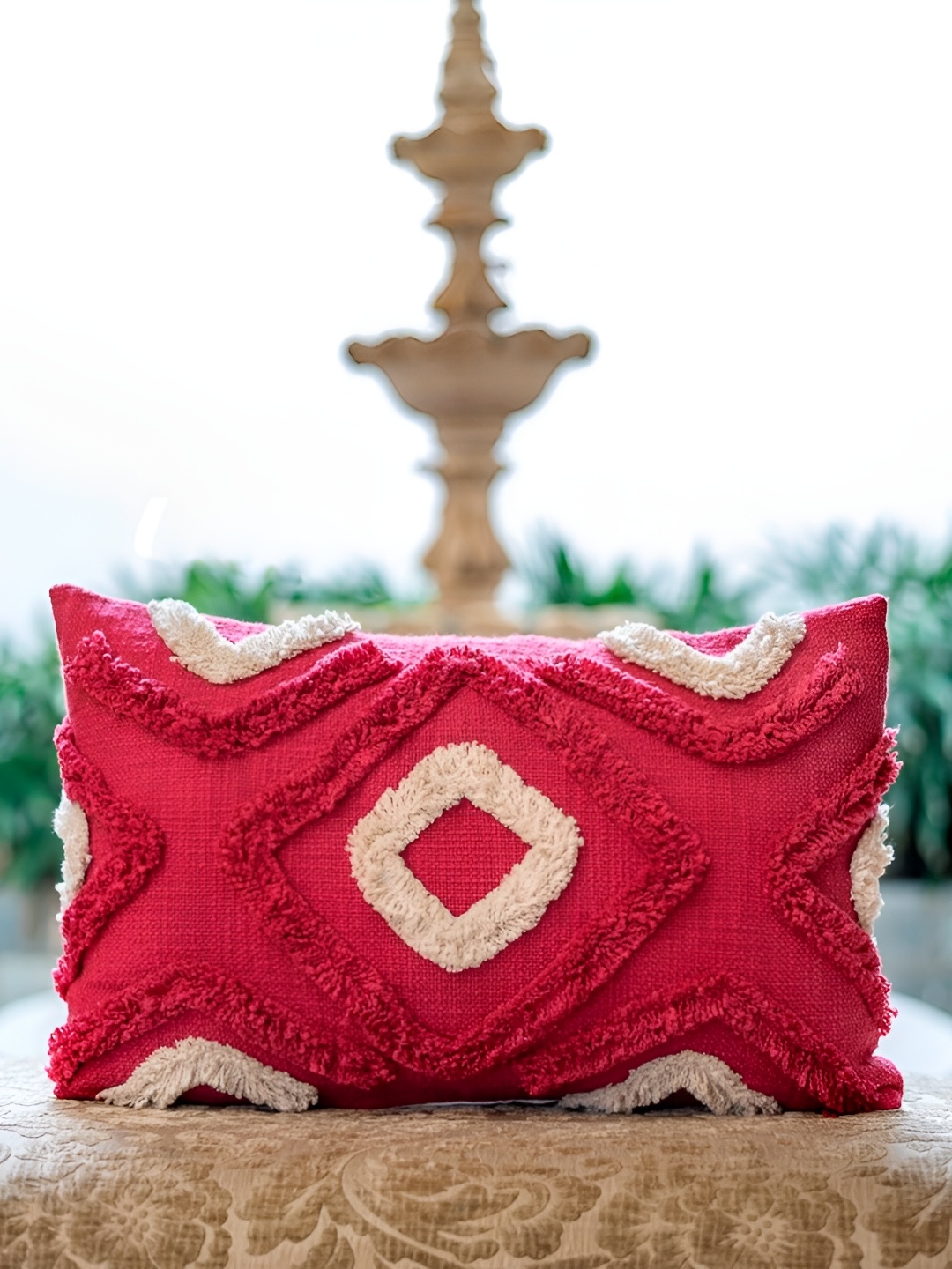 

ABSTRACT INDIA Lumbar Red Cotton Rectangle Cushion Covers Dayed With Tufted