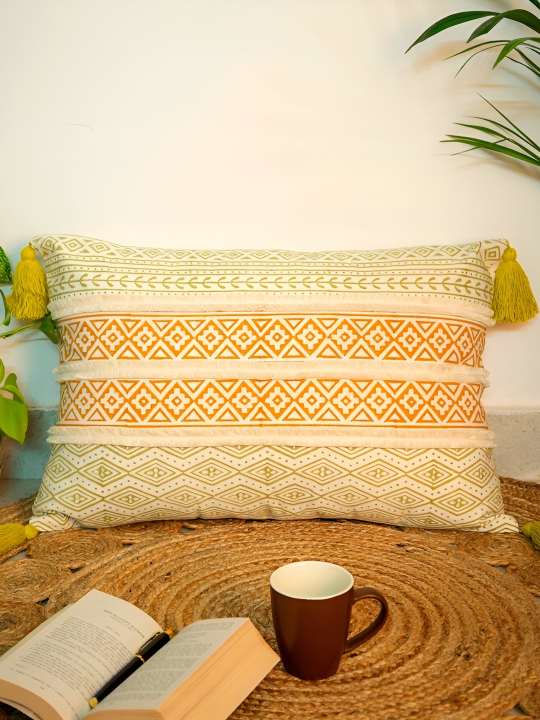 

ABSTRACT INDIA Lumbar Yellow Block Printed Cotton Rectangle Cushion Covers With Tufted