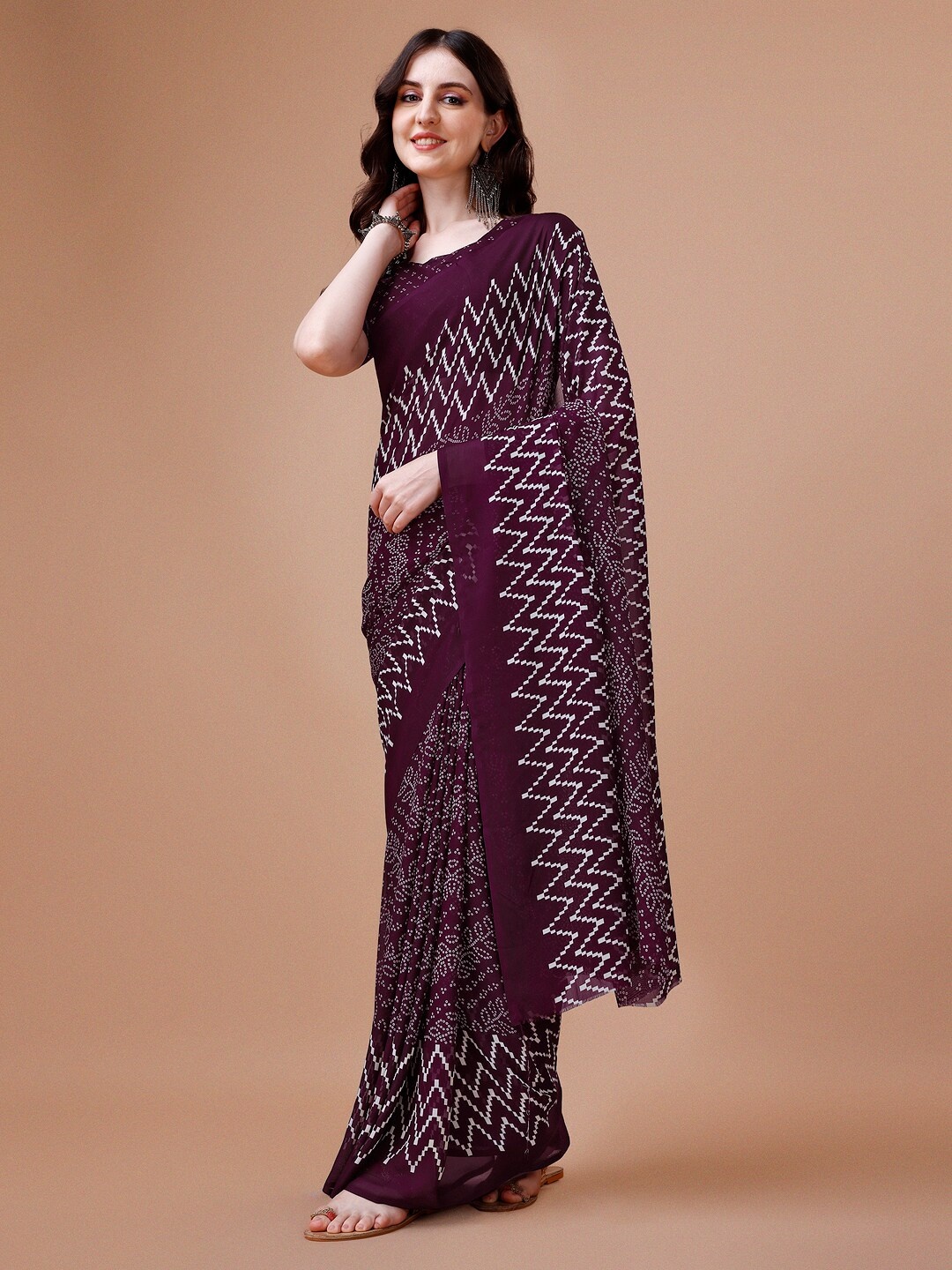 

Sangria Burgundy Bandhani Printed Pure Georgette Saree