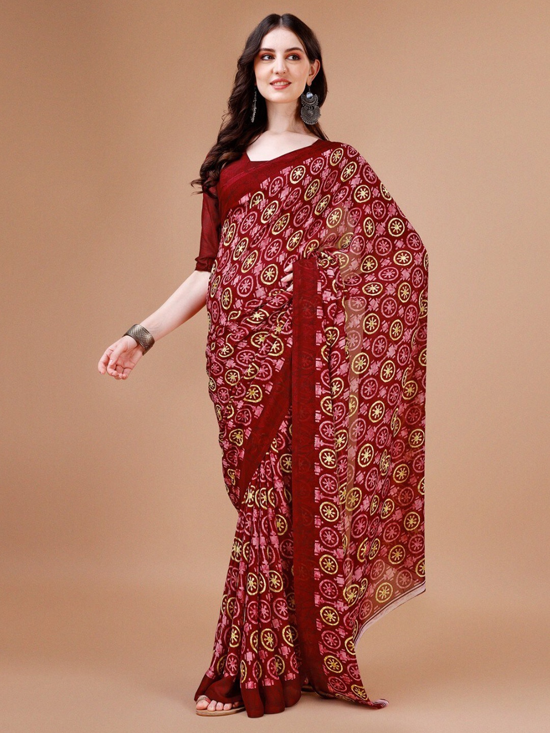 

Sangria Maroon Geometric Printed Pure Georgette Saree