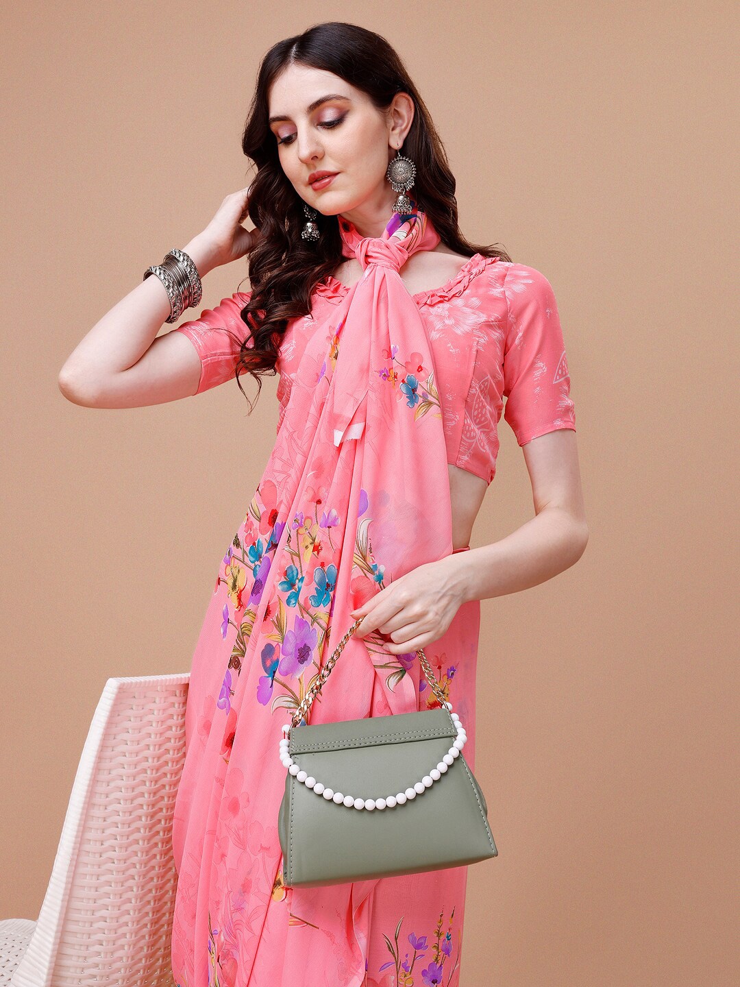 

Sangria Pink Floral Printed Pure Georgette Saree