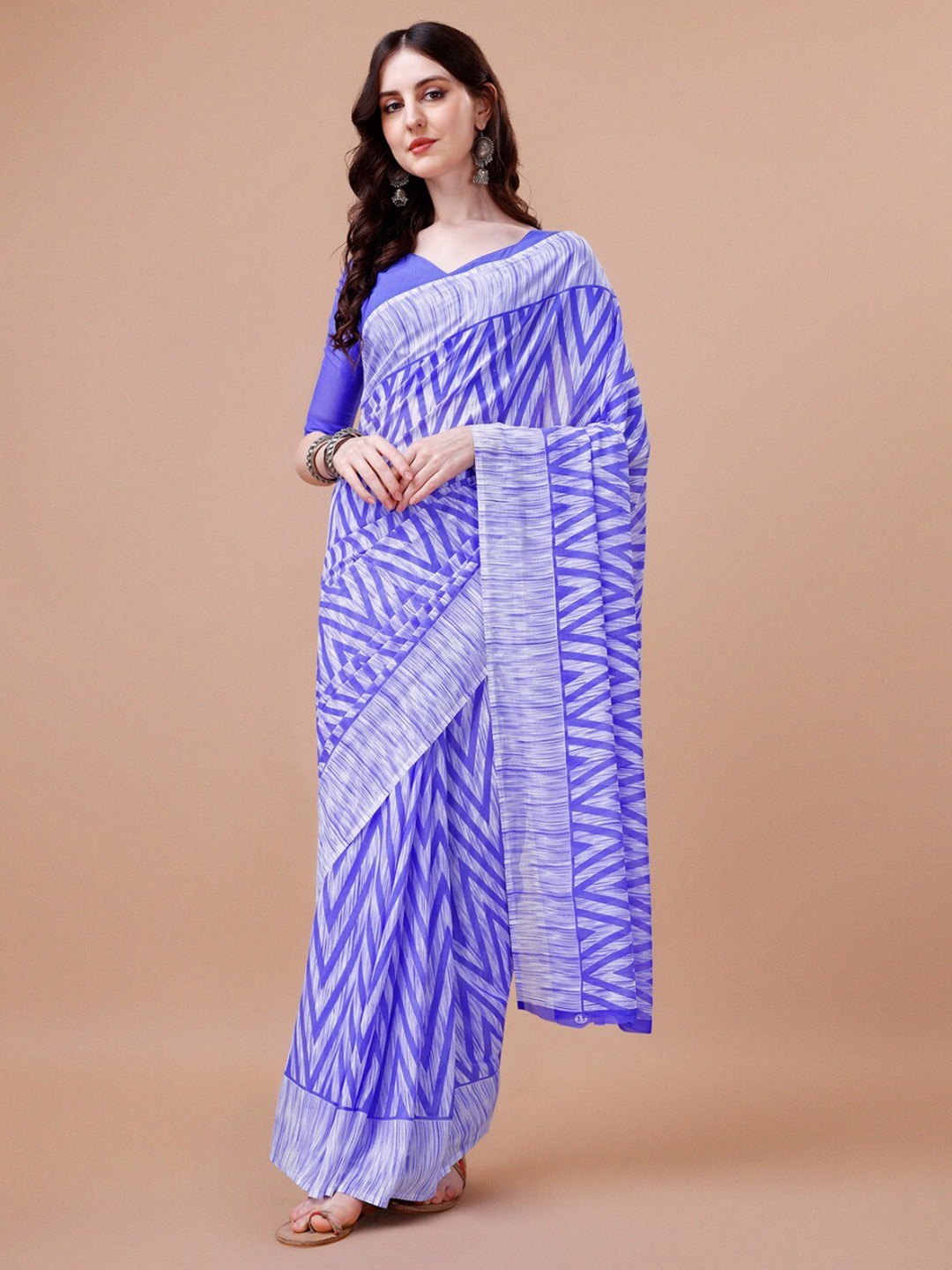 

Sangria Blue Chevron Printed Saree