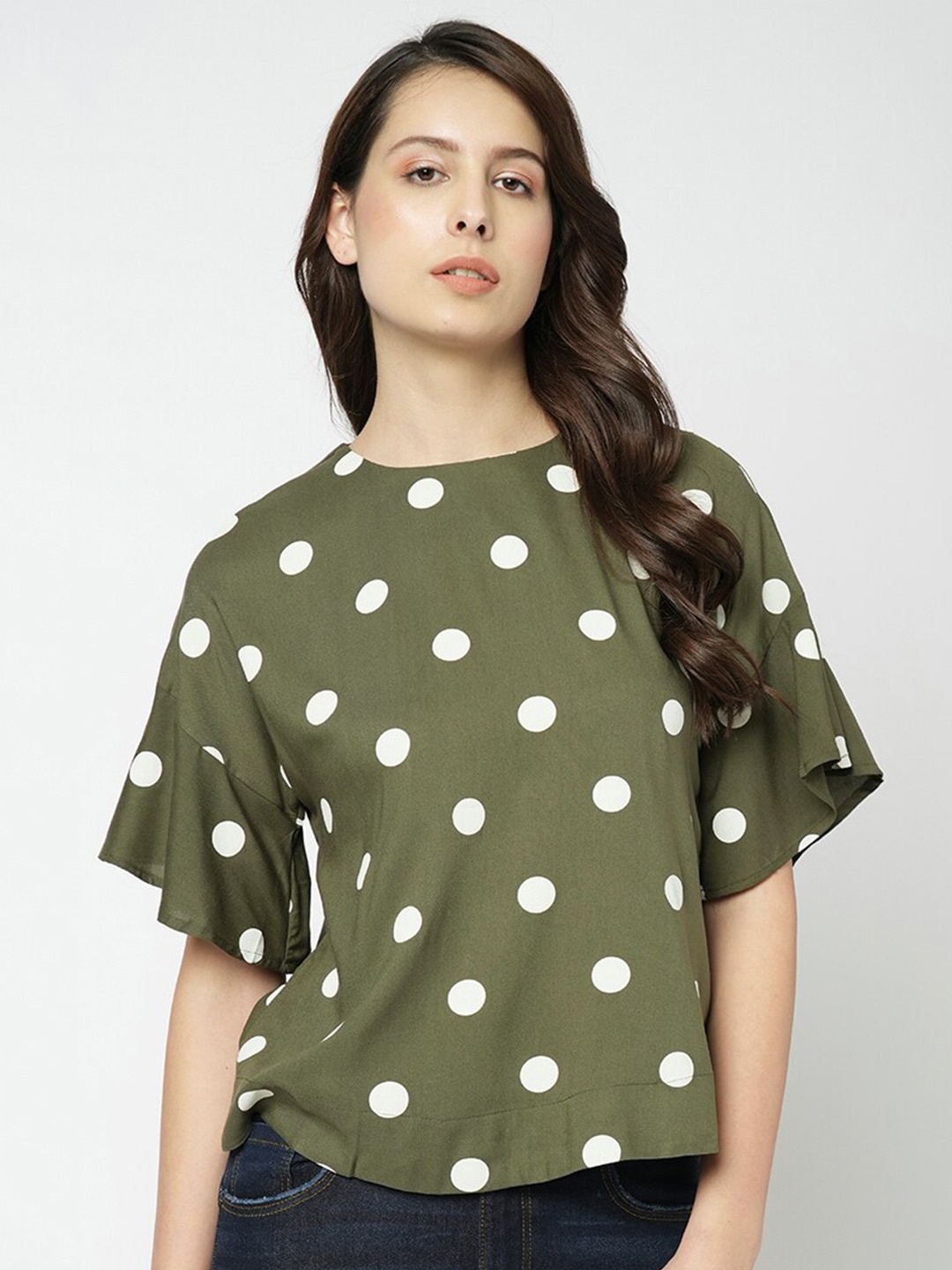 

Vero Moda Polka Dot Printed Flared Sleeve Regular Top, Green