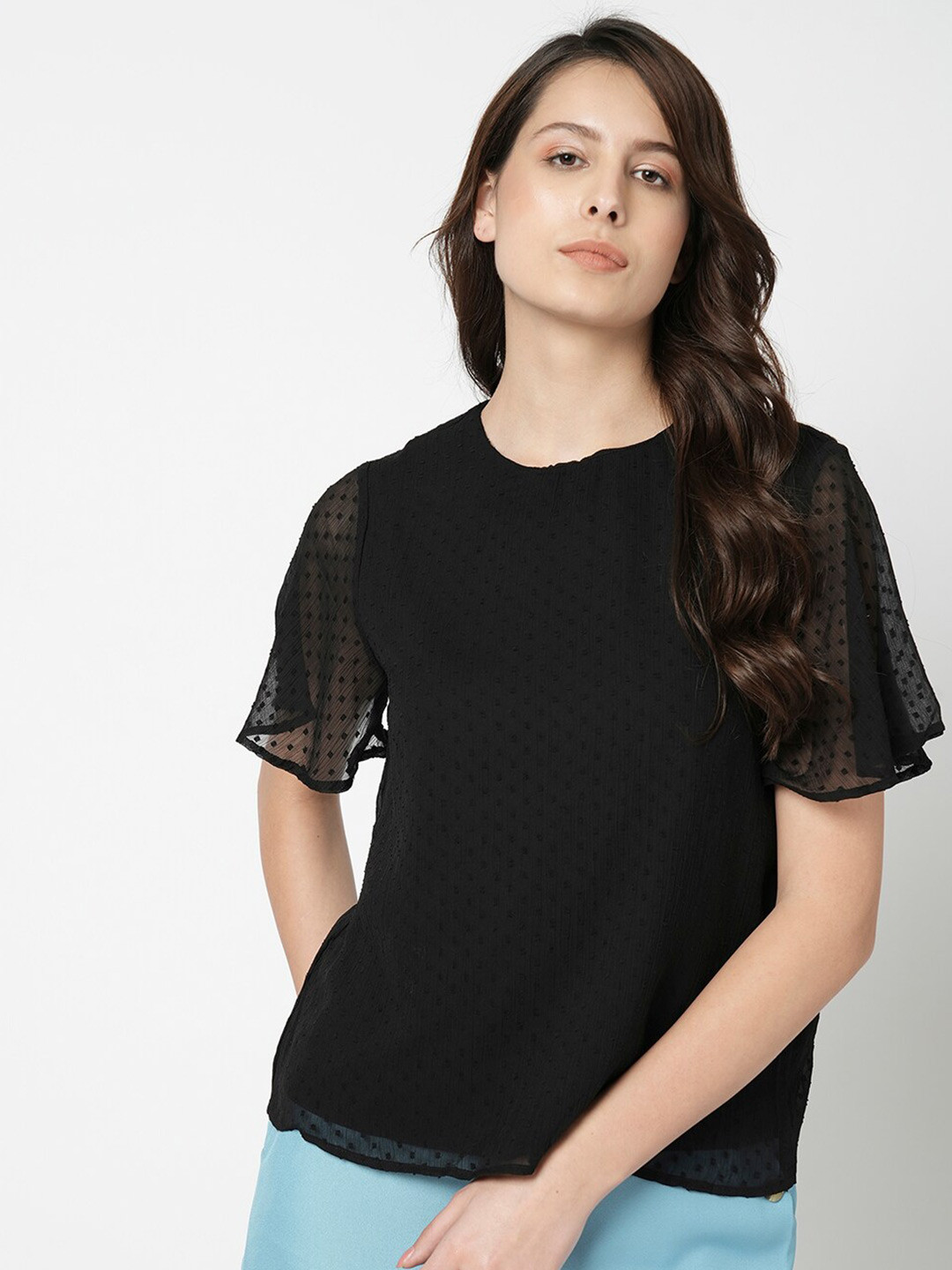 

Vero Moda Self Design Flared Sleeves Regular Top, Black