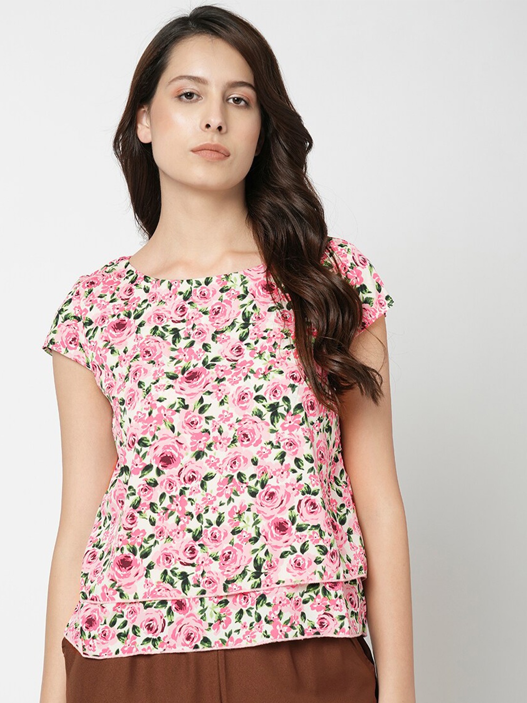 

Vero Moda Floral Printed Round Neck Layered Top, Pink
