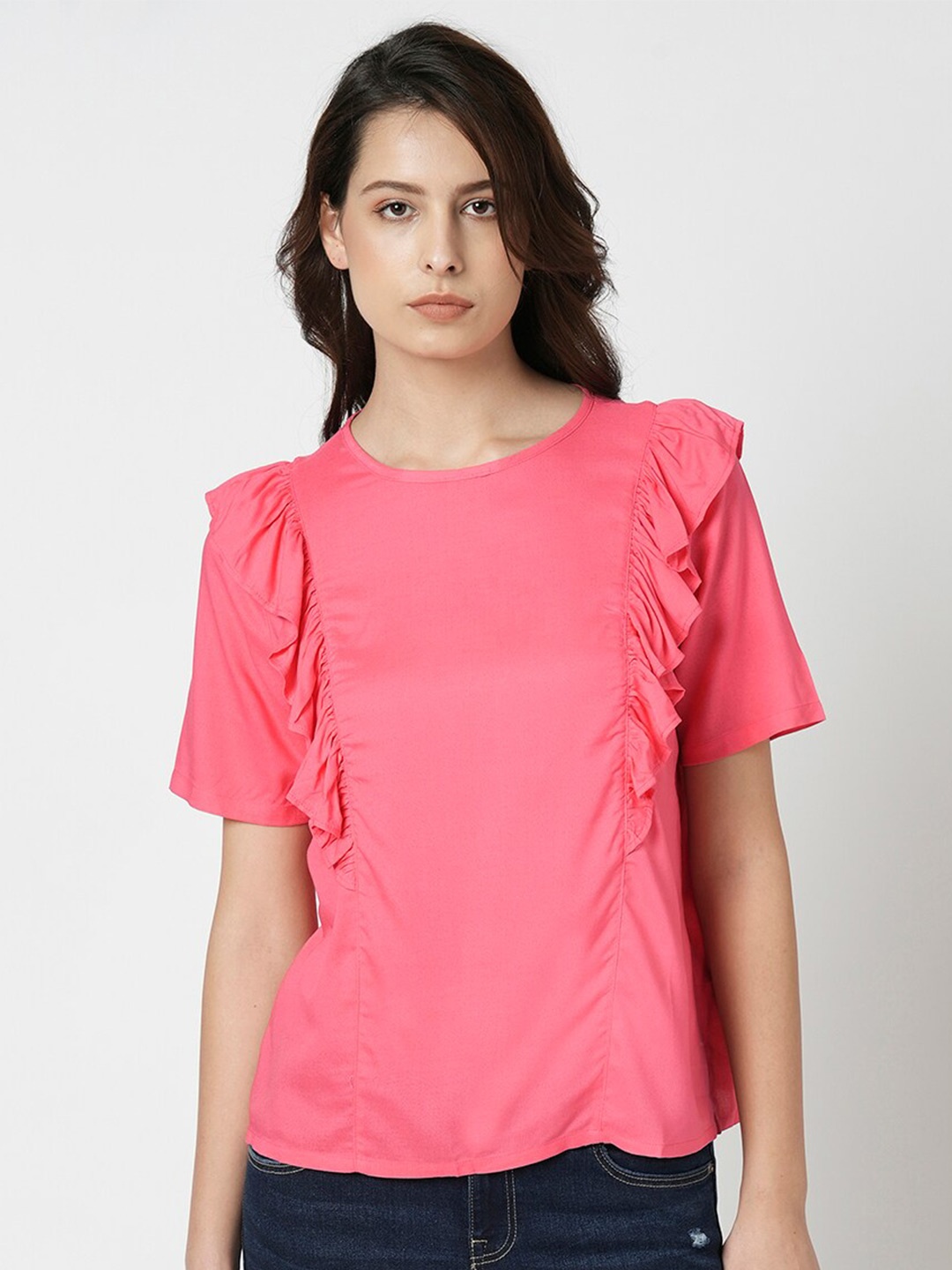

Vero Moda Round Neck Short Sleeves Ruffled Regular Top, Pink