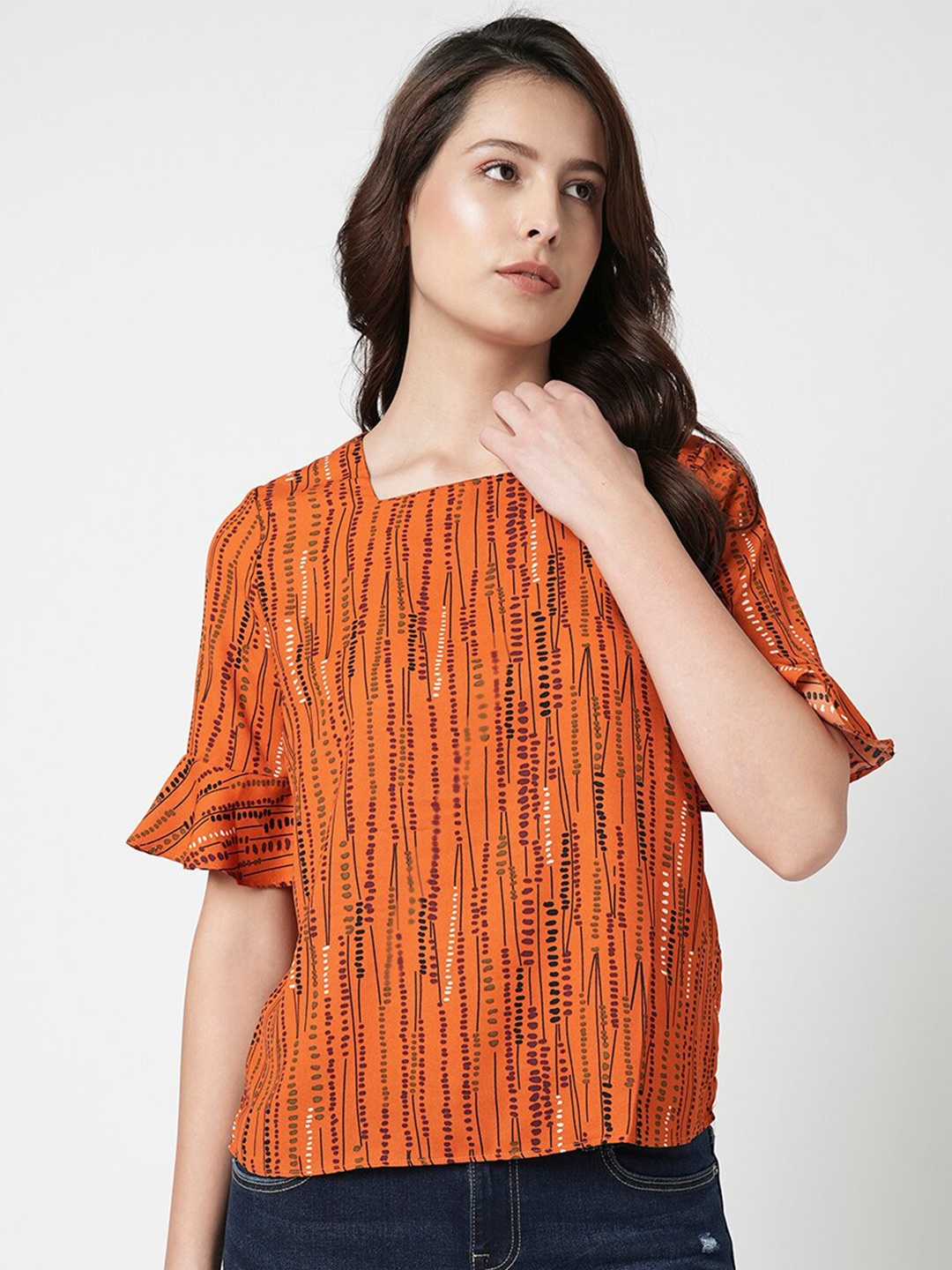

Vero Moda Abstract Printed Bell Sleeves Ruffles Regular Top, Orange