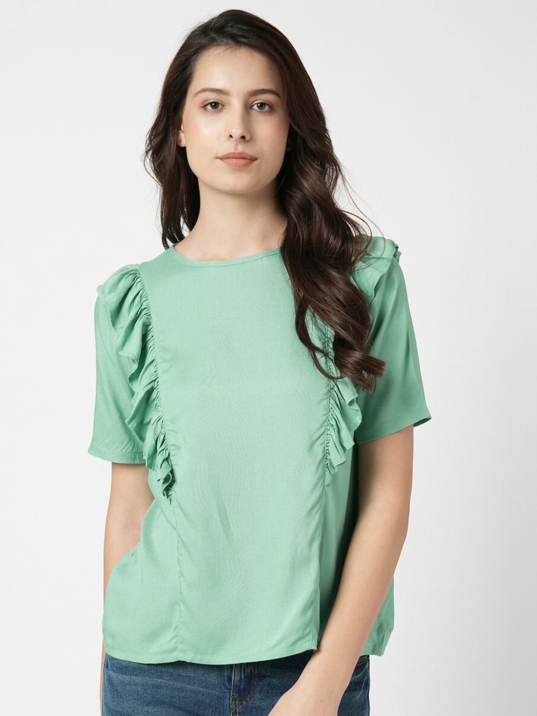 

Vero Moda Round Neck Ruffles Top, Green