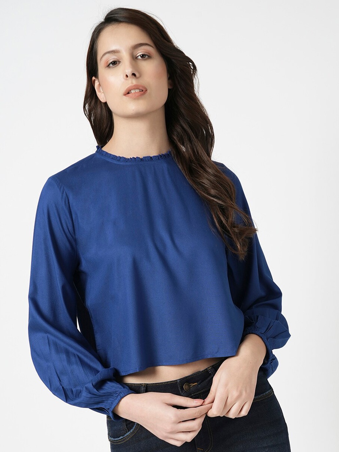 

Vero Moda Puff Sleeves Ruffles Boxy Crop Top, Navy blue