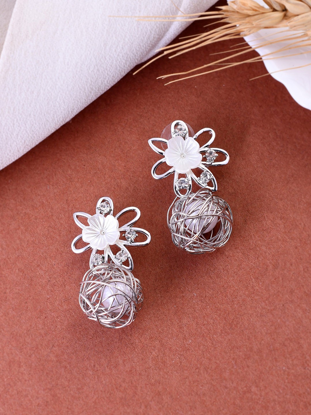 

VOJ Silver-Plated Floral-Shaped Beads & Stones-Studded Drop Earrings